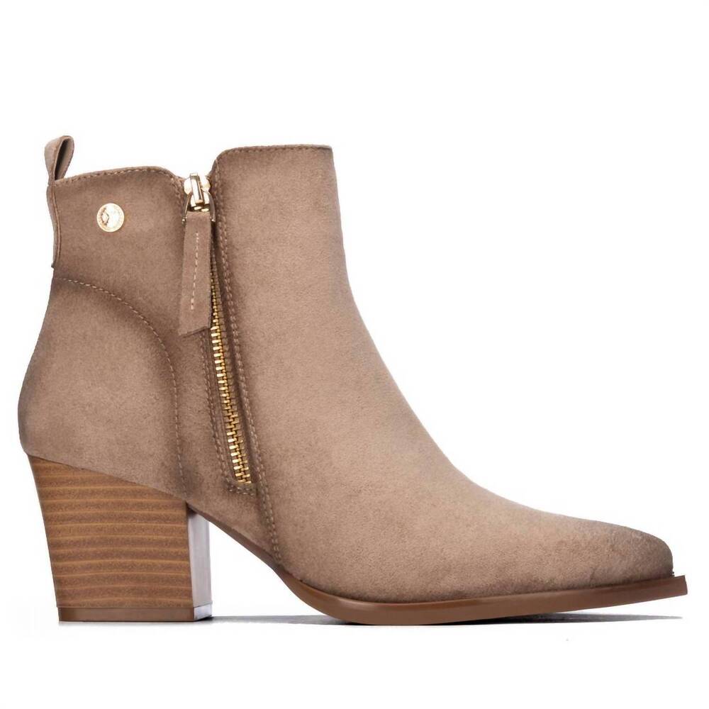 NEW XTI women's block heel suede ankle booties in beige